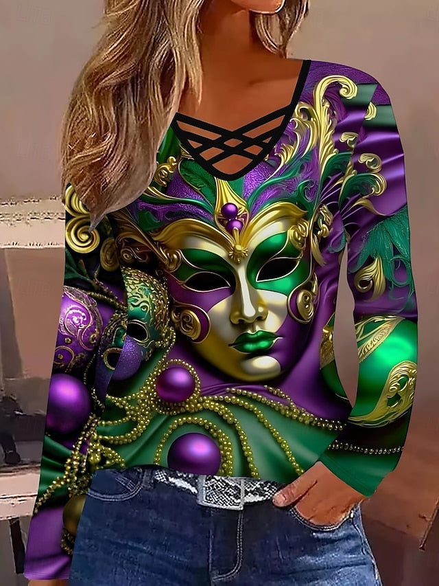 Vibrant Mardi Gras Graphic Long Sleeve V-Neck T-Shirt for Women Purple / S Purple / M