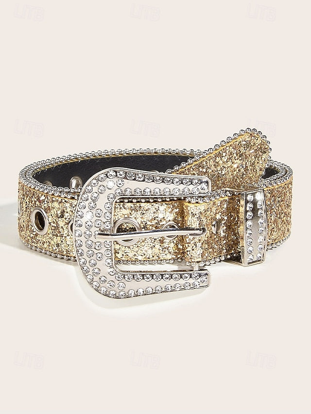Women's Rhinestone Embellished Western Belt with Sparkling Buckle, Adjustable Silver Black Gold (+$0.34) Silver-Black-Gold (+$0.34)-Pink (+$0.34)-Blue (+$0.34)-