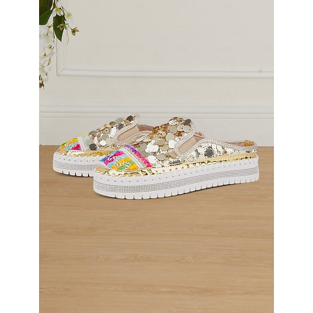 Chic National Totem Sequin Platform Mules: Stylish & Comfortable Faux Leather Sneakers