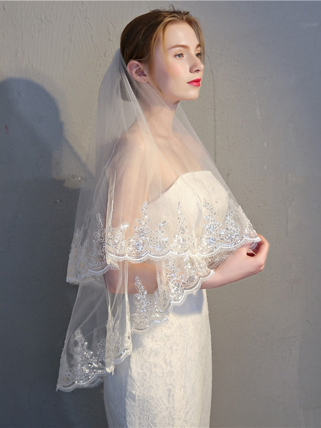 Elegant Two-Tier Lace Applique Wedding Veil - Fingertip Length