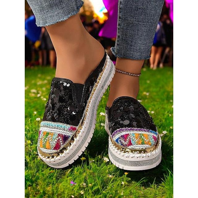 Chic National Totem Sequin Platform Mules: Stylish & Comfortable Faux Leather Sneakers
