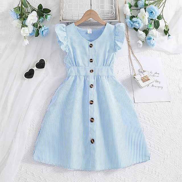 Enchanting 3D Striped Ruffle Dress for Girls – Sweet Summer A-Line Dress for Ages 4-12