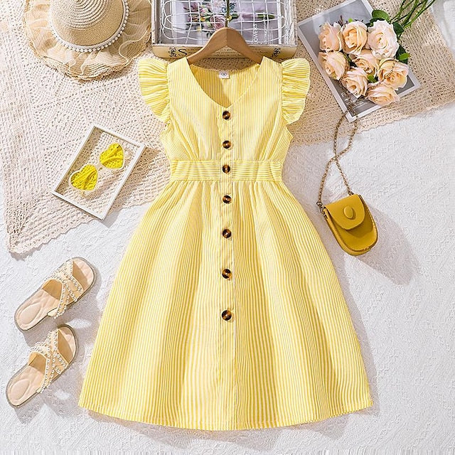 Enchanting 3D Striped Ruffle Dress for Girls – Sweet Summer A-Line Dress for Ages 4-12