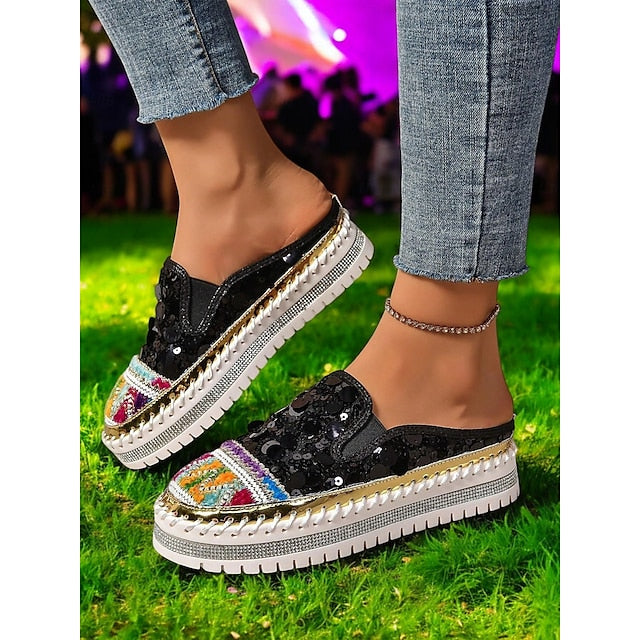 Chic National Totem Sequin Platform Mules: Stylish & Comfortable Faux Leather Sneakers