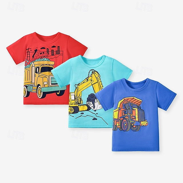 Fun & Colorful 3-Pack Boys' T-Shirts: Cartoon Crew Neck for Spring/Summer Adventures! red+blue+Light Blue / 4 Years(110cm) red+blue+Light Blue / 4-5 Years(120cm) red+blue+Light Blue / 5-6 Years(130cm) red+blue+Light Blue / 4 Years(110cm)-red+blue+Light Blue / 4-5 Years(120cm)-red+blue+Light Blue / 5-6 Years(130cm)-red+blue+Light Blue / 7-8 Years(140cm)-