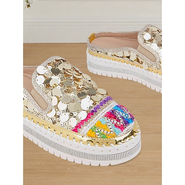 Chic National Totem Sequin Platform Mules: Stylish & Comfortable Faux Leather Sneakers