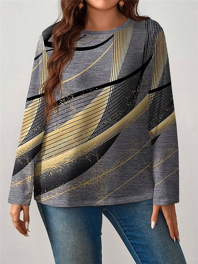 Chic Geometry Print Long Sleeve Tee - Plus Size Casual Top for Fall & Winter Gray / 1XL (Plus) Gray / 2XL (Plus) Gray / 3XL (Plus) Gray / 1XL (Plus)-Gray / 2XL (Plus)-Gray / 3XL (Plus)-Gray / 4XL (Plus)-