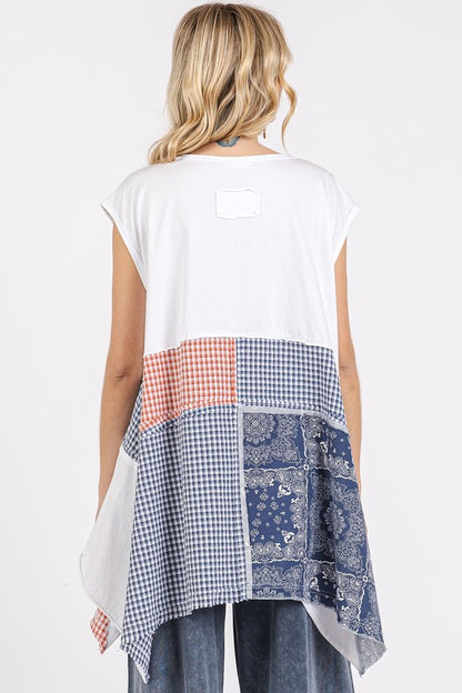 Mittoshop Patchwork Mineral Washed Round Neck Cap Sleeve Top White / S White / M White / L White / S-White / M-White / L-