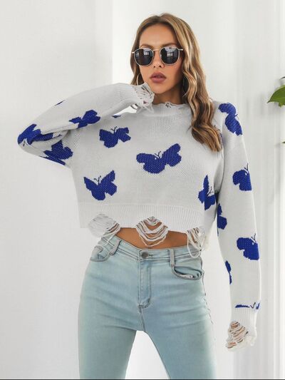 Distressed Butterfly Cropped Sweater White / S White / M White / L White / S-White / M-White / L-Black / S-Black / M-Black / L-Blush Pink / S-Blush Pink / M-Blush Pink / L-