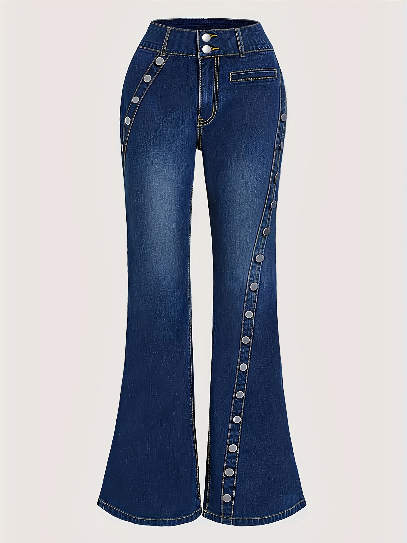 Vintage Style Plus Size Flared Jeans for Women, High Waist Denim with Button Detail Bell Bottoms