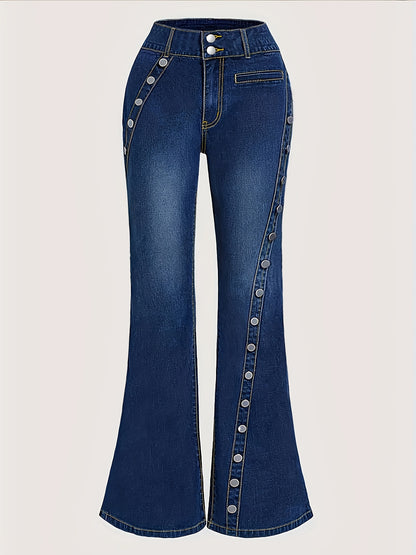 Vintage Style Plus Size Flared Jeans for Women, High Waist Denim with Button Detail Bell Bottoms