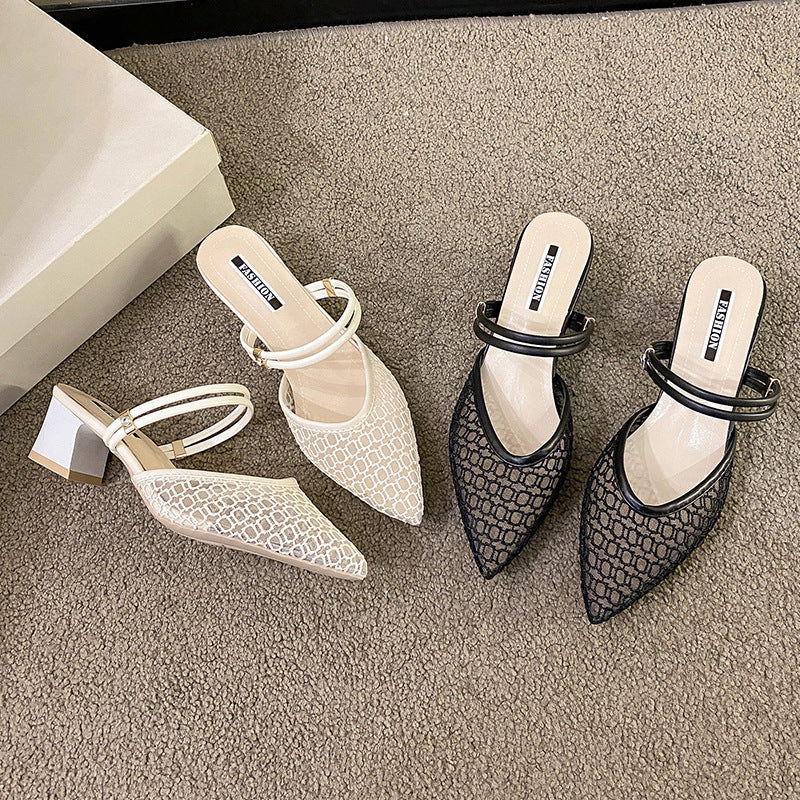 Point Toe Block Heel Sandals - Fashionqueene.com-Heels