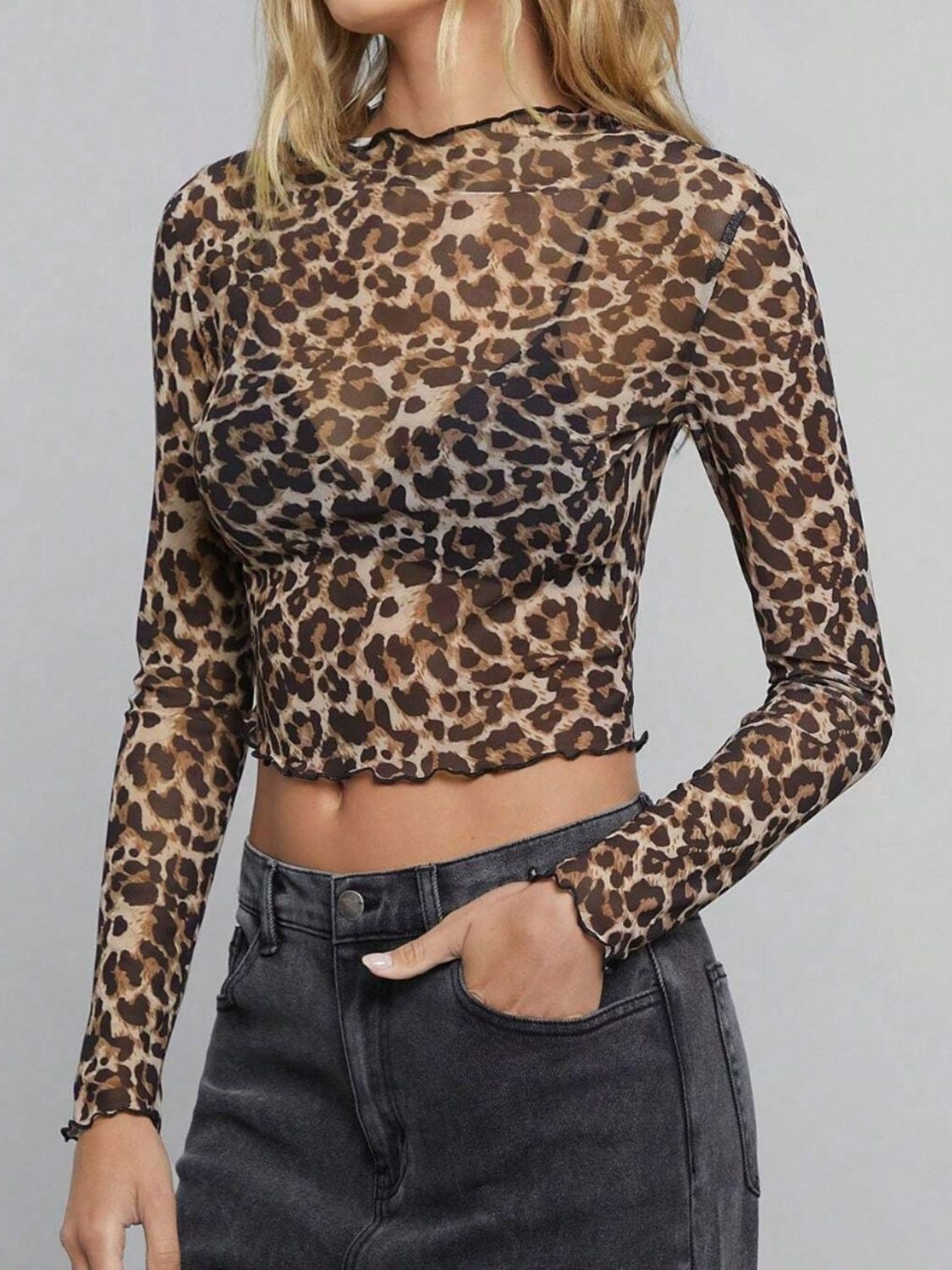 Leopard Mock Neck Long Sleeve Sheer Top Leopard / XL Leopard / L Leopard / 2XL Leopard / XL-Leopard / L-Leopard / 2XL-Leopard / S-Leopard / M-