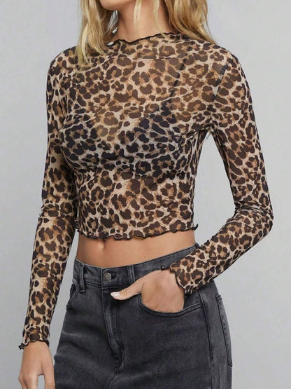 Leopard Mock Neck Long Sleeve Sheer Top Leopard / XL Leopard / L Leopard / 2XL Leopard / XL-Leopard / L-Leopard / 2XL-Leopard / S-Leopard / M-