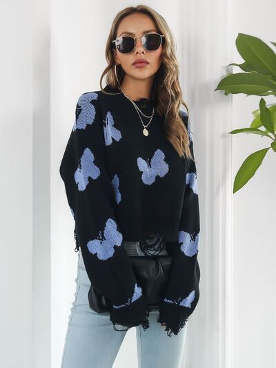 Distressed Butterfly Cropped Sweater White / S White / M White / L White / S-White / M-White / L-Black / S-Black / M-Black / L-Blush Pink / S-Blush Pink / M-Blush Pink / L-