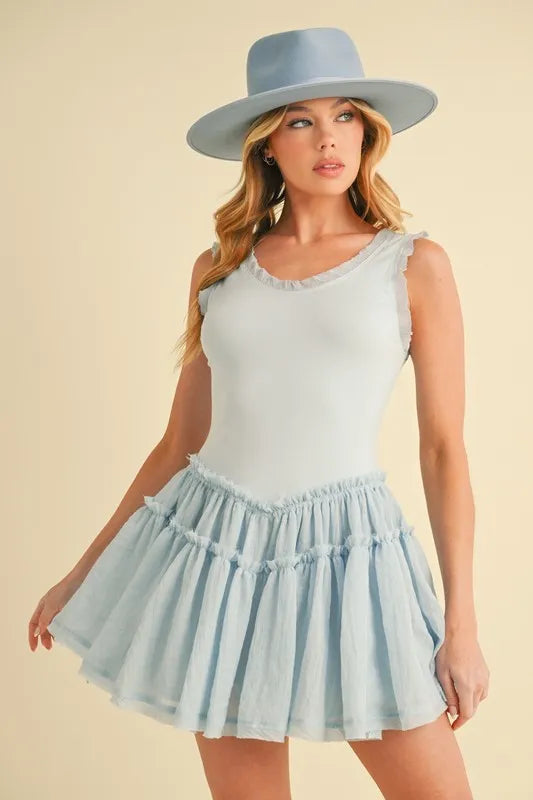 Aemi+Co Frill Sleeveless Drop Waist Mini Dress SKY / S SKY / M SKY / L SKY / S-SKY / M-SKY / L-