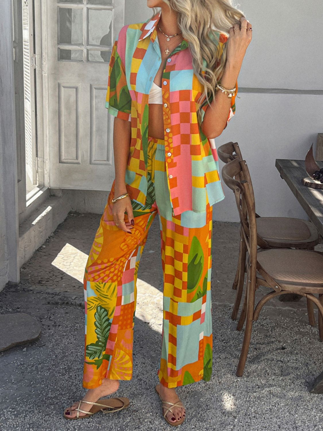 Devine Printed Button Down Shirt and Pants Set Tangerine / M Tangerine / L Tangerine / XL Tangerine / M-Tangerine / L-Tangerine / XL-Strawberry / S-Dust Storm / S-Dust Storm / M-Dust Storm / L-Dust Storm / XL-Multicolor / S-Multicolor / M-Multicolor / L-Multicolor / XL-Strawberry / M-Strawberry / L-Strawberry / XL-White / S-White / M-White / L-White / XL-Tangerine / S-