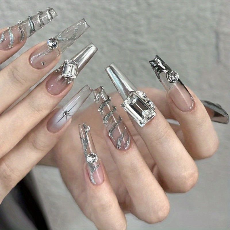 10pcs Ultra-long Fake Nails, Crystal Glittering Ballerina Nail Tips - Fashionqueene.com