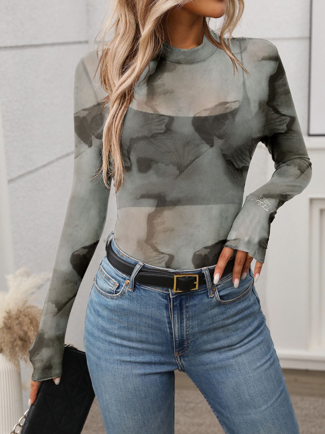Printed Mock Neck Long Sleeve Mesh T-Shirt Ink Painting / S Ink Painting / M Ink Painting / L Ink Painting / S-Ink Painting / M-Ink Painting / L-Ink Painting / XL-Black / S-Black / M-Black / L-Black / XL-