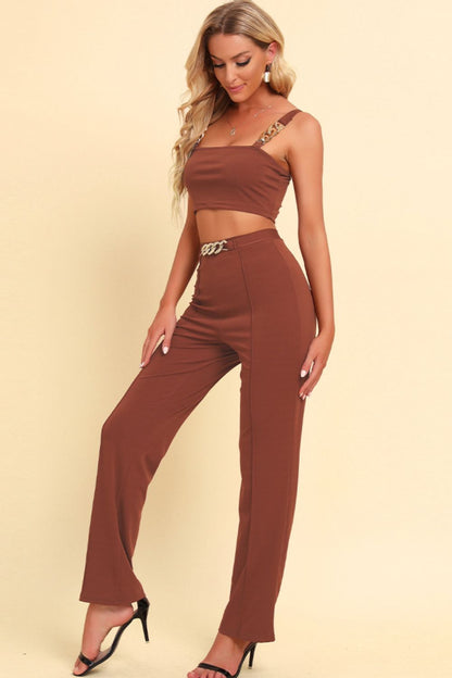 Chain Detail Cropped Cami and Straight Leg Pants Set Caramel / S Caramel / M Caramel / L Caramel / S-Caramel / M-Caramel / L-Black / M-Black / S-Black / L-