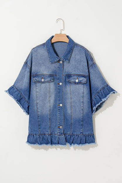 Peacock Blue Ruffled Frayed Short Sleeve Plus Size Denim Jacket