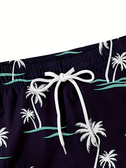 Men'S Summer 2-in-1 Compression Quick-drying Swim Trunks Beach Coconut Tree Print Loose Swim Shorts | Black Lined Blue Lined Side Pockets | Swim Training, Vacation, Casual Stretch, Breathable Beach Pants