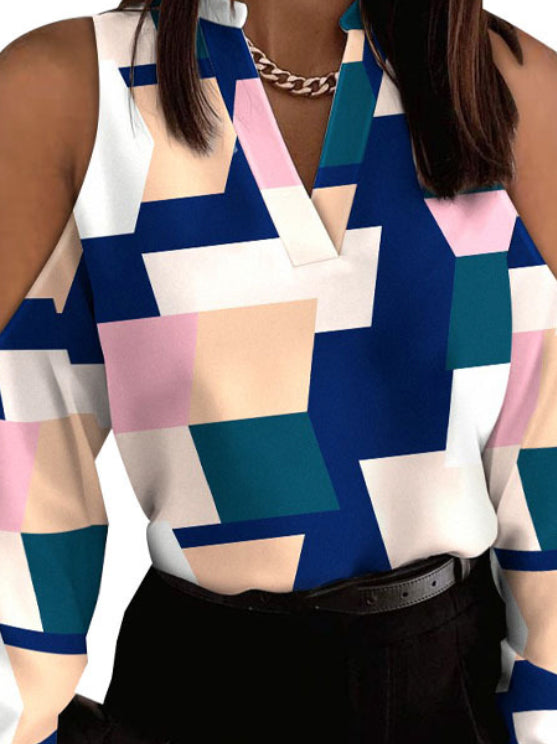 Chic Plus Size Contrast Color Plaid Blouse with Hollow V-Neck - Perfect for Effortless Style! COLORFUL / S COLORFUL / M COLORFUL / L COLORFUL / S-COLORFUL / M-COLORFUL / L-COLORFUL / XL-COLORFUL / 2XL-COLORFUL / 3XL-