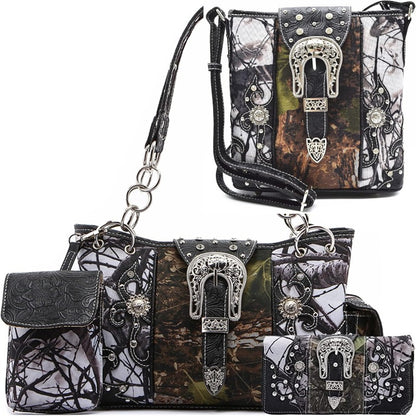 Camouflage Purse with Concho Buckle and Floral Studs Crossbody Handbag Shoulder Bag Wallet Set 4piece Set Black 4piece Set Turquoise 4piece Set Black-4piece Set Turquoise-