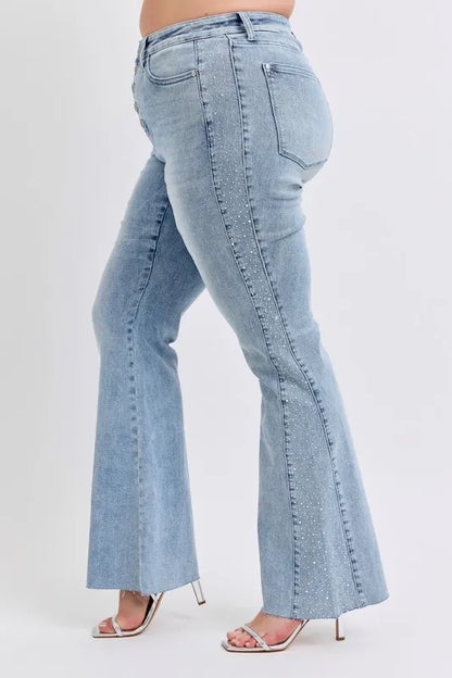 Judy Blue Full Size Midi Rise Rhinestone Side Panel Detail Flare Jeans Plus Size LT / 1(25) LT / 5(27) LT / 7(28) LT / 1(25)-LT / 5(27)-LT / 7(28)-LT / 9(29)-LT / 20W-LT / 0(24)-LT / 3(26)-LT / 11(30)-LT / 13(31)-LT / 15(32)-LT / 14W-LT / 16W-LT / 18W-LT / 22W-LT / 24W-