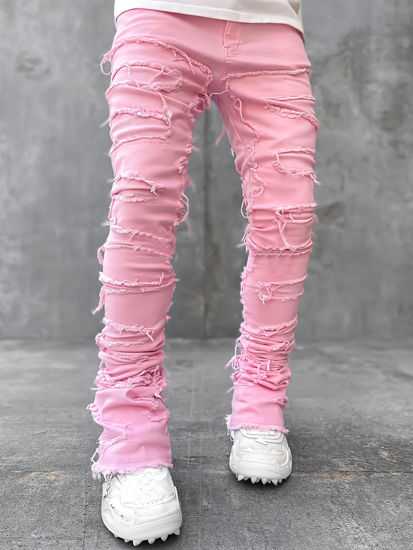 Men's Slim-Fit Stretch Denim Jeans with Raw Trim & Tassel Details -  Distressed Street Style Hip-Hop Pink / S Pink / M Pink / L Pink / S-Pink / M-Pink / L-Pink / XL-Pink / XXL-