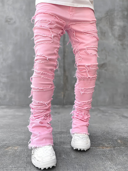 Men's Slim-Fit Stretch Denim Jeans with Raw Trim & Tassel Details -  Distressed Street Style Hip-Hop Pink / S Pink / M Pink / L Pink / S-Pink / M-Pink / L-Pink / XL-Pink / XXL-