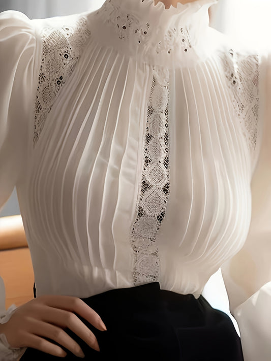 [Elegant Hollow Puff Sleeves Shirt] Fashion Women'S Shirt T-shirt Advanced Sense Of Luxury Elegant Fashion White Hollow Puff Sleeves Ruffled Turtleneck Shirt Top Female Design Sense.