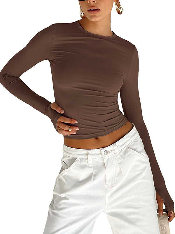 Chic & Versatile: Long Sleeve Skinny Hollow Solid Color Round Neck T-Shirt RED / S RED / M RED / L RED / S-RED / M-RED / L-PINK / S-PINK / M-PINK / L-BLUE / S-BLUE / M-BLUE / L-WHITE / S-WHITE / M-WHITE / L-GREEN / S-GREEN / M-GREEN / L-BROWN / S-BROWN / M-BROWN / L-BLACK / S-BLACK / M-BLACK / L-ORANGE / S-ORANGE / M-ORANGE / L-