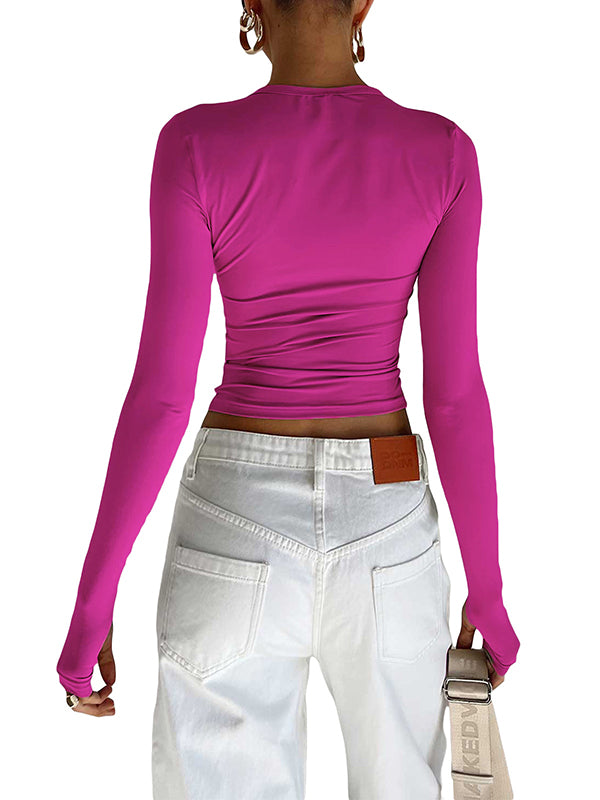 Chic & Versatile: Long Sleeve Skinny Hollow Solid Color Round Neck T-Shirt RED / S RED / M RED / L RED / S-RED / M-RED / L-PINK / S-PINK / M-PINK / L-BLUE / S-BLUE / M-BLUE / L-WHITE / S-WHITE / M-WHITE / L-GREEN / S-GREEN / M-GREEN / L-BROWN / S-BROWN / M-BROWN / L-BLACK / S-BLACK / M-BLACK / L-ORANGE / S-ORANGE / M-ORANGE / L-
