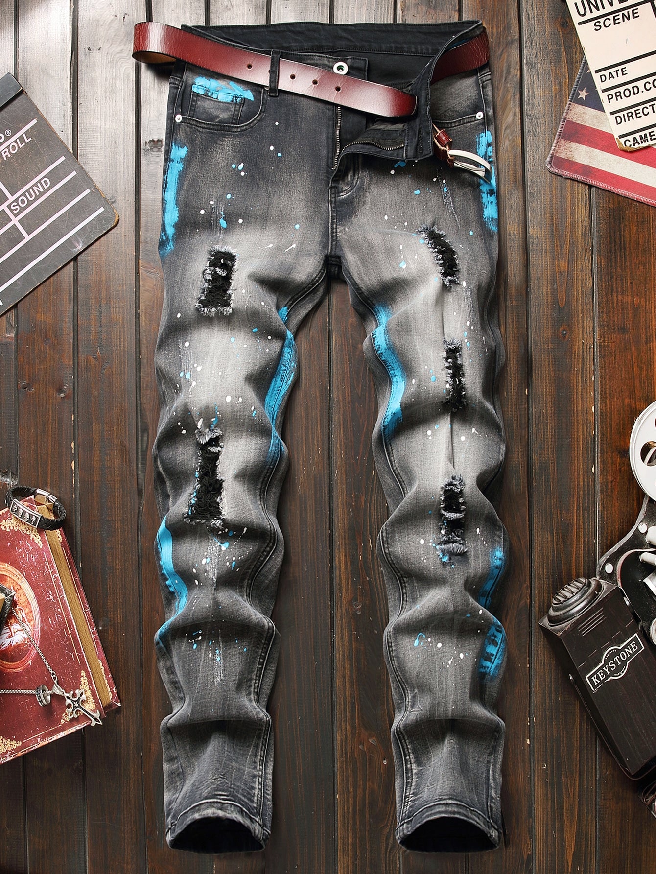 Men's Slim Fit Dark Grey Washed Ripped Jeans - Trendy Frayed Cargo Style for Everyday Wear Black / 30 Dark Grey / 28 