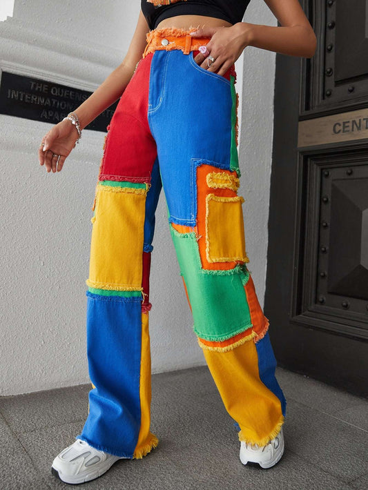 Chic Patchwork Print Raw Edge Jeans for Effortless Style Mocha Brown / XS Mocha Brown / S Mocha Brown / M Mocha Brown / XS-Mocha Brown / S-Mocha Brown / M-Mocha Brown / L-Multicolor / XS-Multicolor / S-Multicolor / M-Multicolor / L-