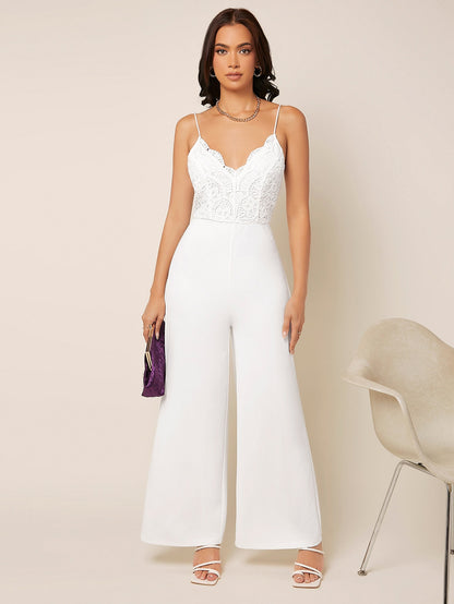 Elegant Belle Guipure Lace Panel Wide Leg Cami Jumpsuit – Perfect for Special Occasions!