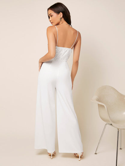 Elegant Belle Guipure Lace Panel Wide Leg Cami Jumpsuit – Perfect for Special Occasions!