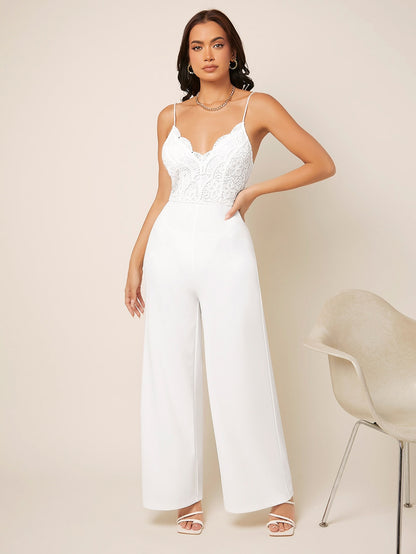 Elegant Belle Guipure Lace Panel Wide Leg Cami Jumpsuit – Perfect for Special Occasions!