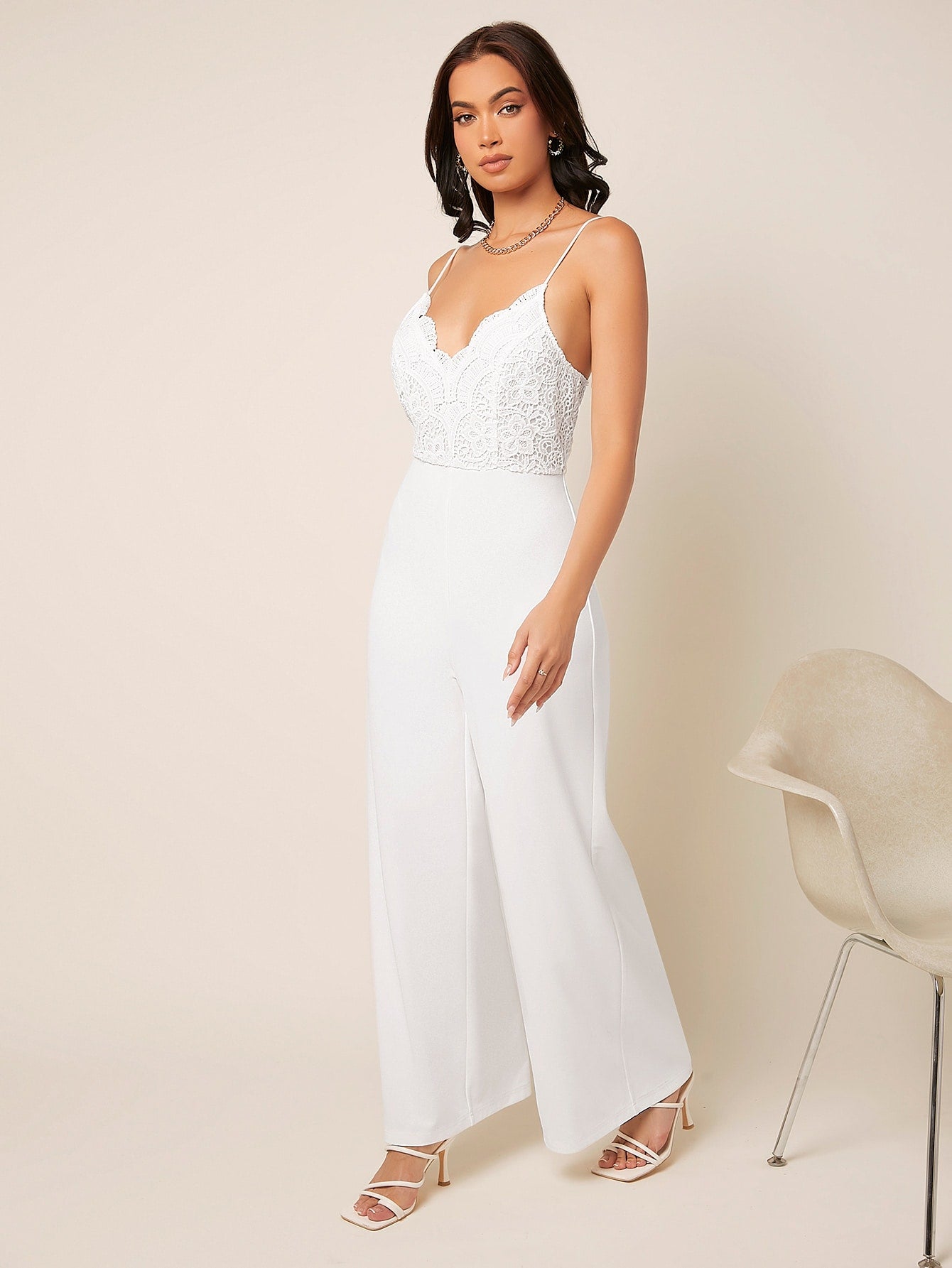 Elegant Belle Guipure Lace Panel Wide Leg Cami Jumpsuit – Perfect for Special Occasions!