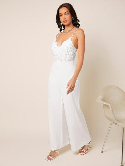 Elegant Belle Guipure Lace Panel Wide Leg Cami Jumpsuit – Perfect for Special Occasions!