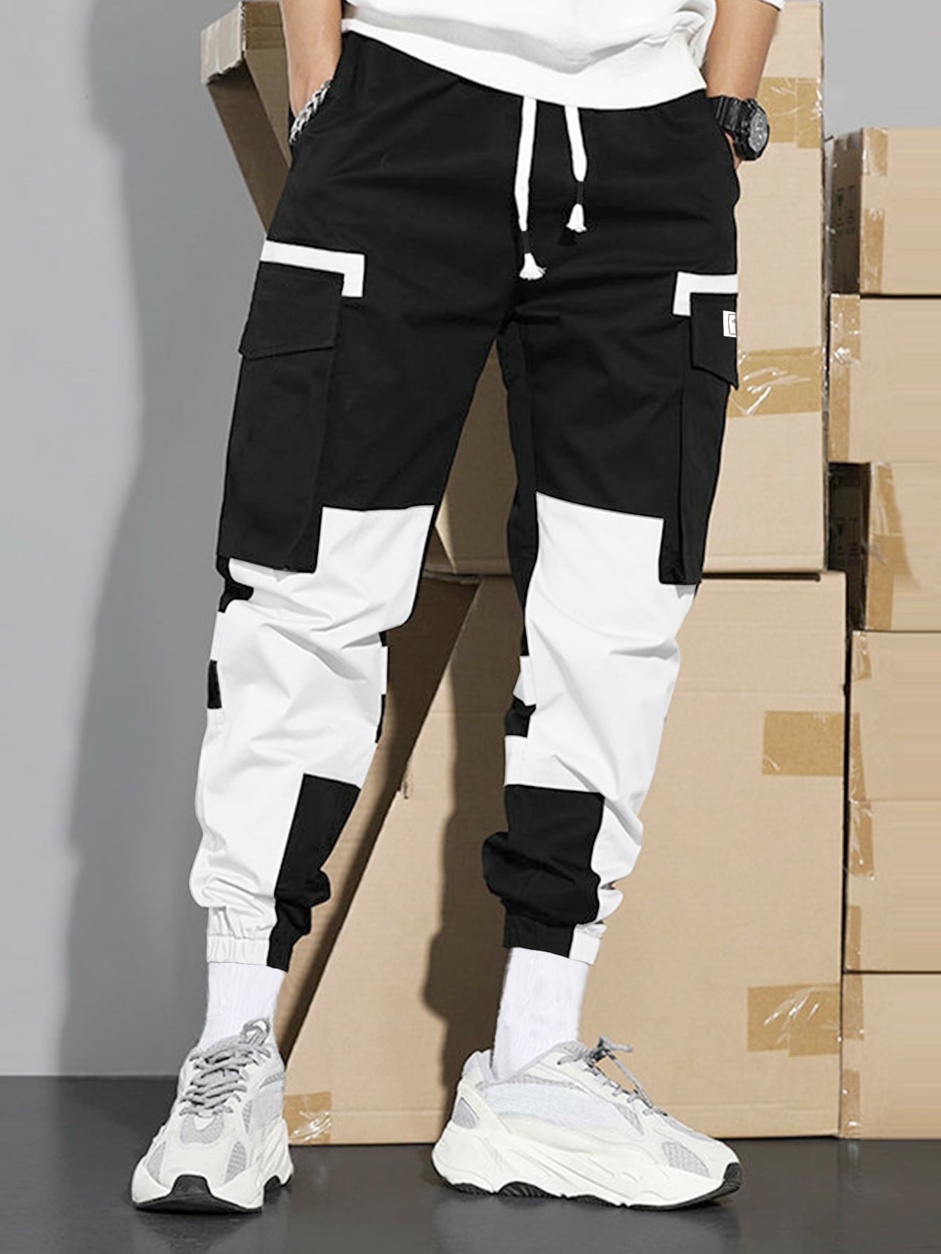 Stylish Two-Tone Cargo Pants for Men - Streetwear Essential with Long Drawstring Design Blue and White / S Blue and White / M 