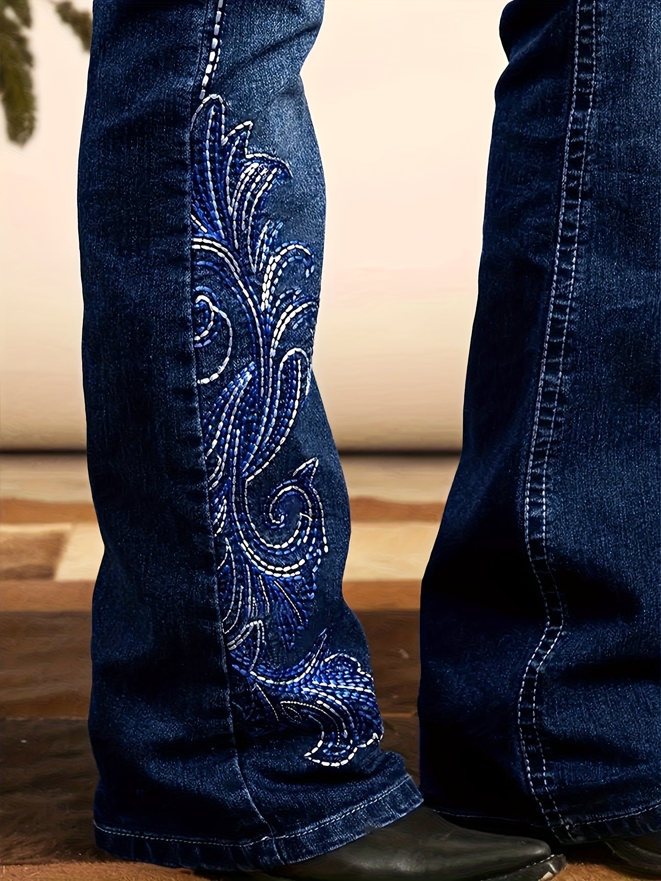 Women'S Blue Elastic Retro Imitation Phoenix Embroidered Flared Jeans