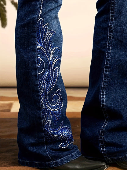 Women'S Blue Elastic Retro Imitation Phoenix Embroidered Flared Jeans