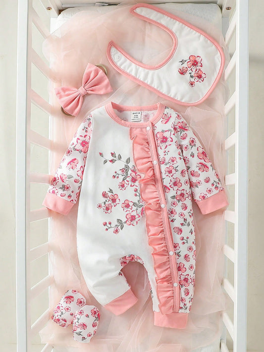 Charming Floral Print Ruffle Trim Jumpsuit Set for Baby Girls - Includes Headband, Bib, and Gloves