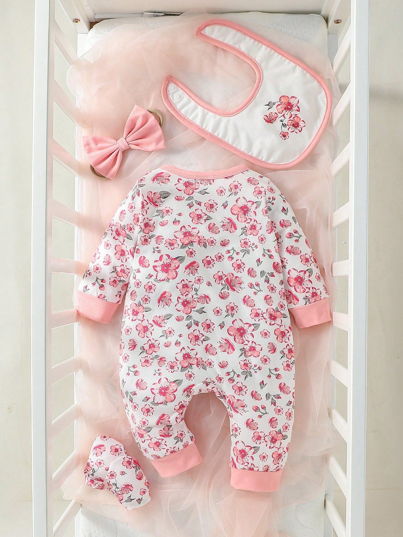 Charming Floral Print Ruffle Trim Jumpsuit Set for Baby Girls - Includes Headband, Bib, and Gloves