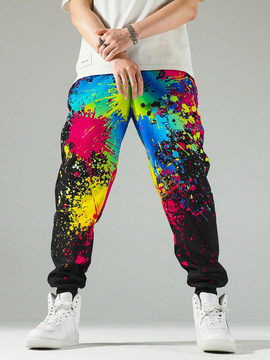 Vibrant Splash Ink Print Drawstring Pants for Stylish Men – Perfect Casual Wear