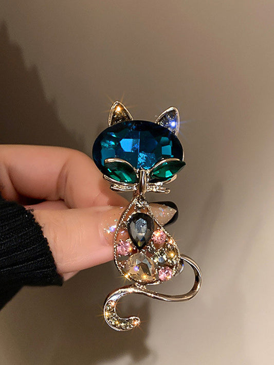 Chic Korean Rhinestone Cat Pendant Brooch – Elegant Gold Alloy Animal Pin for Everyday Style