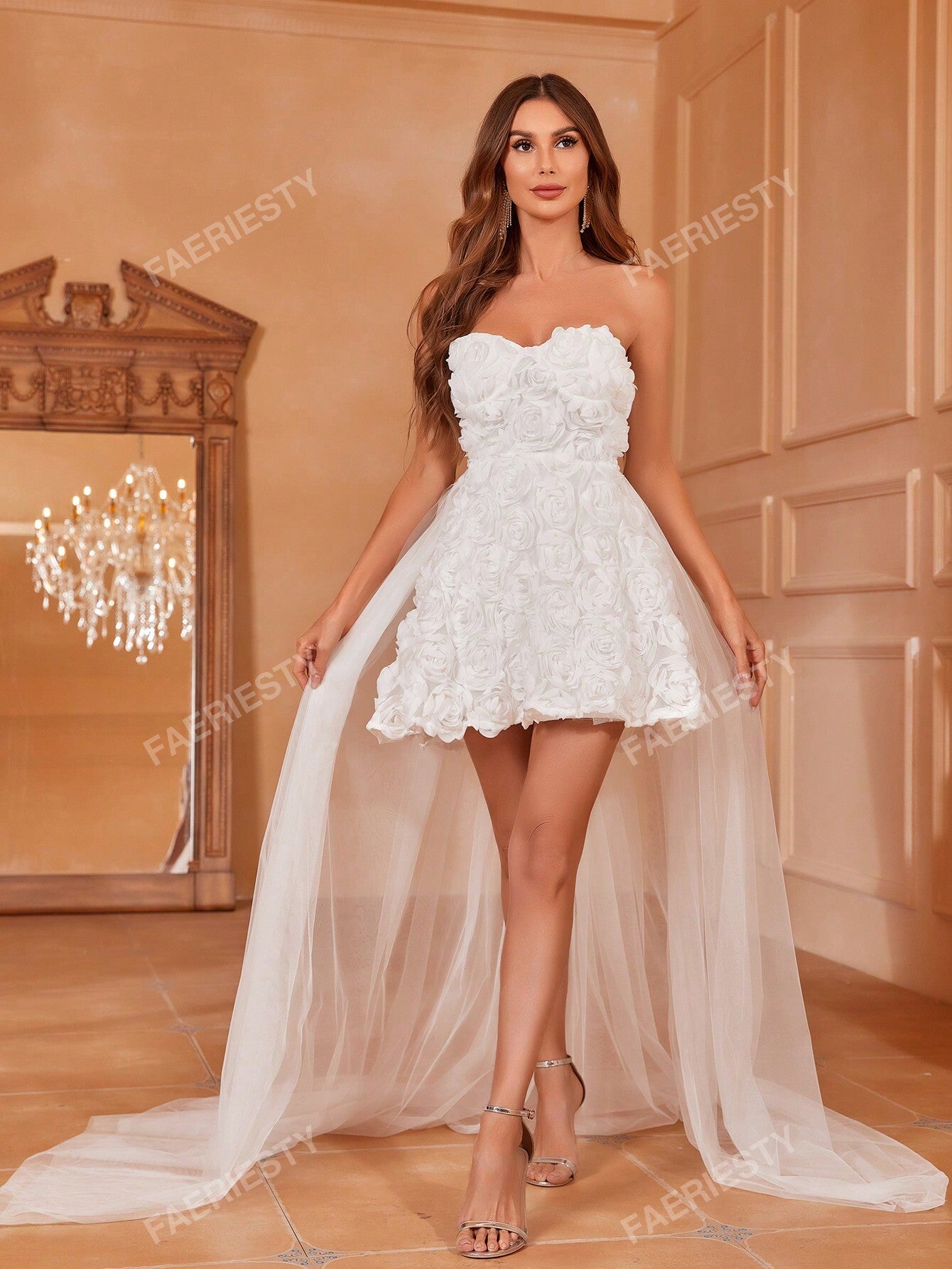 Mini Bridal Gown with 3D Flowers – Lightweight Tulle Dress for Summer Weddings XS S M XS-S-M-L-XL-
