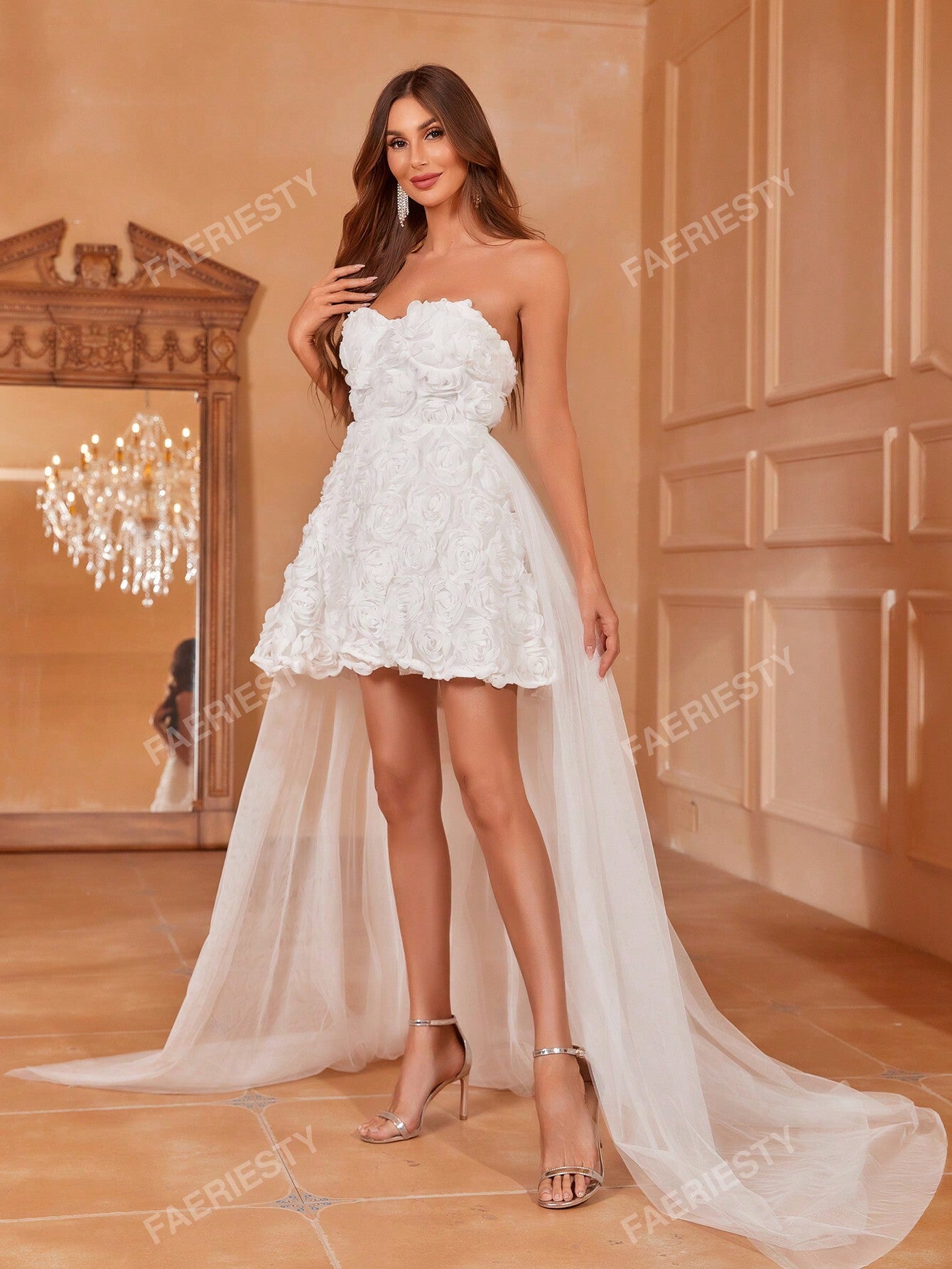 Mini Bridal Gown with 3D Flowers – Lightweight Tulle Dress for Summer Weddings XS S M XS-S-M-L-XL-